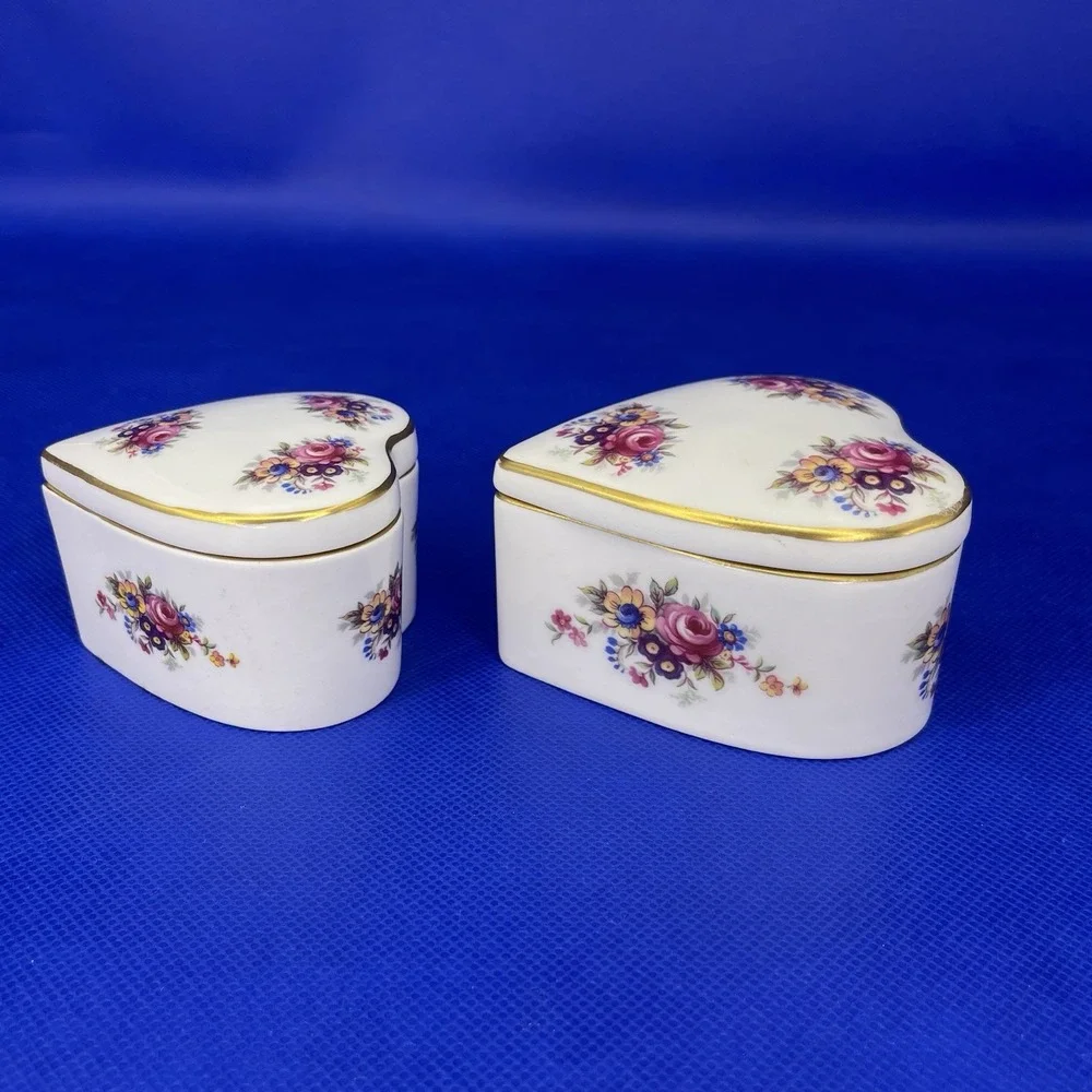 Set of 2 Heart Shaped Floral Kirk & Matz Bone China Trinket/Jewelry/Pill Boxes